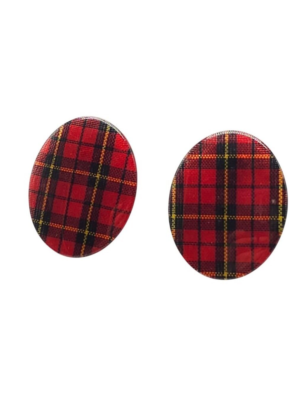 Red Tartan Plaid Oval Button Stud Earrings Vintage Design 1.5 Inches